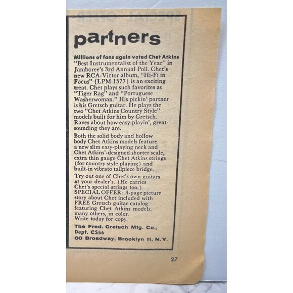 Chet Atkins and His Gretsch Guitar Print Ad Vintage 1950s Fred Gretsch Brooklyn - Picture 5 of 5